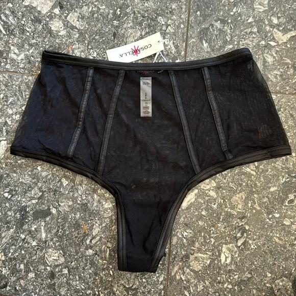 Cosabella Black Sardegna High Waisted Mesh Bikini. Faux leather trim. New. Small - Picture 3 of 7